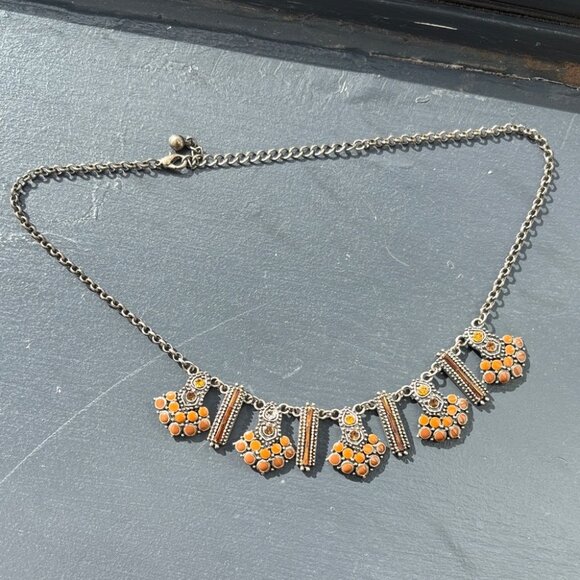 Antique Style Orange Gems and Silver Tone Chain Statement Necklace - Picture 1 of 6